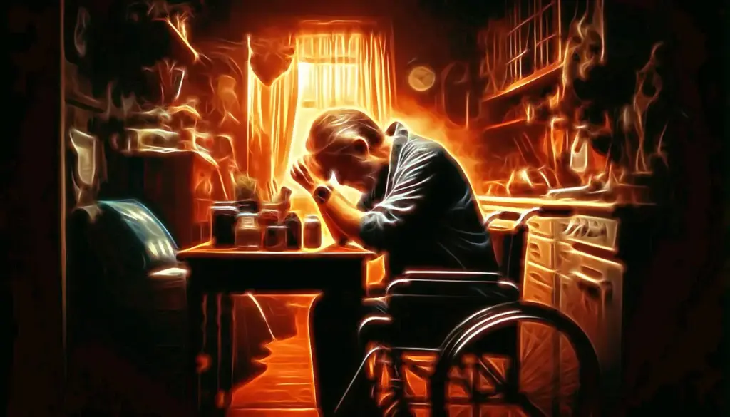 Vater erschöpft im Rollstuhl am Tisch