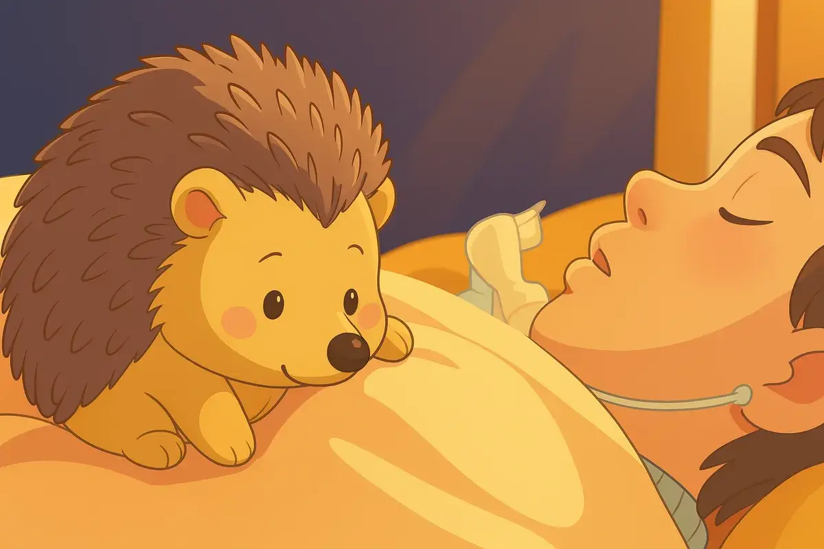 Kind mit Igel liegend an Beatmung