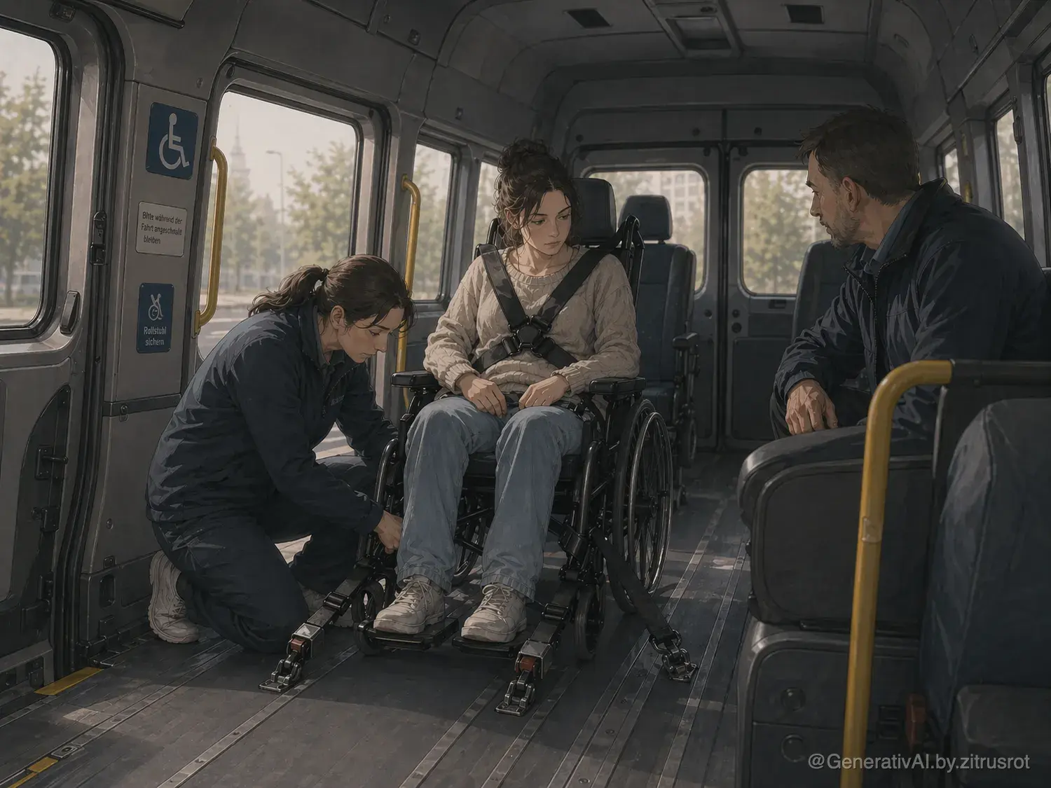 Drei Personen in einem Transportbus.